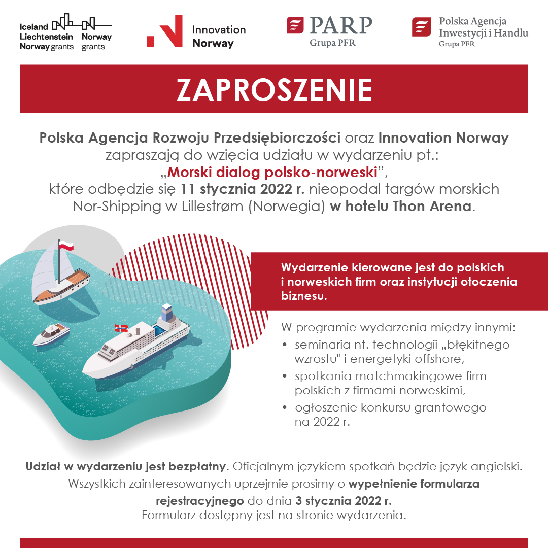 Zaproszenie do udziału w konferencji "Morski dialog polsko-norweski", która odbędzie się 11 stycznia 2022 roku. Rejestracja do 3 stycznia.