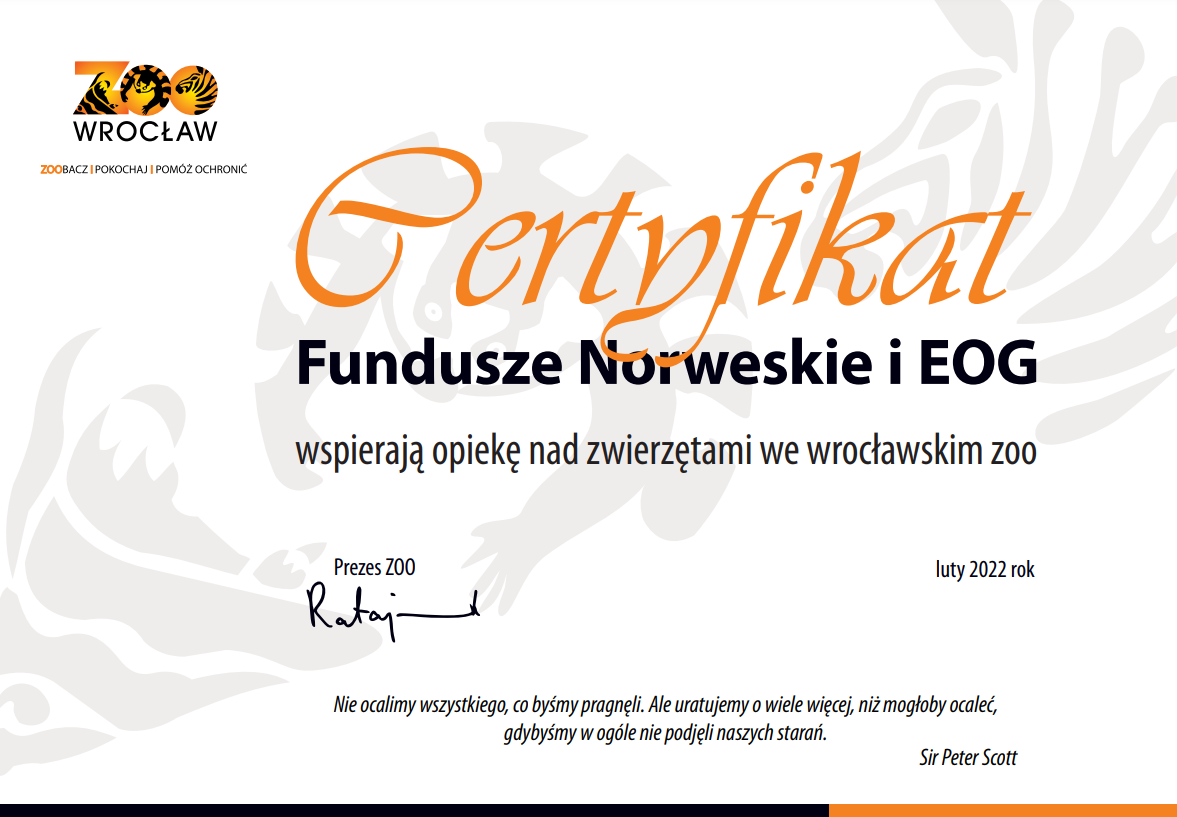Certyfikat - Fundusze Norweskie i EOG wspierają opiekę nad zwierzętami we wrocławskim zoo  